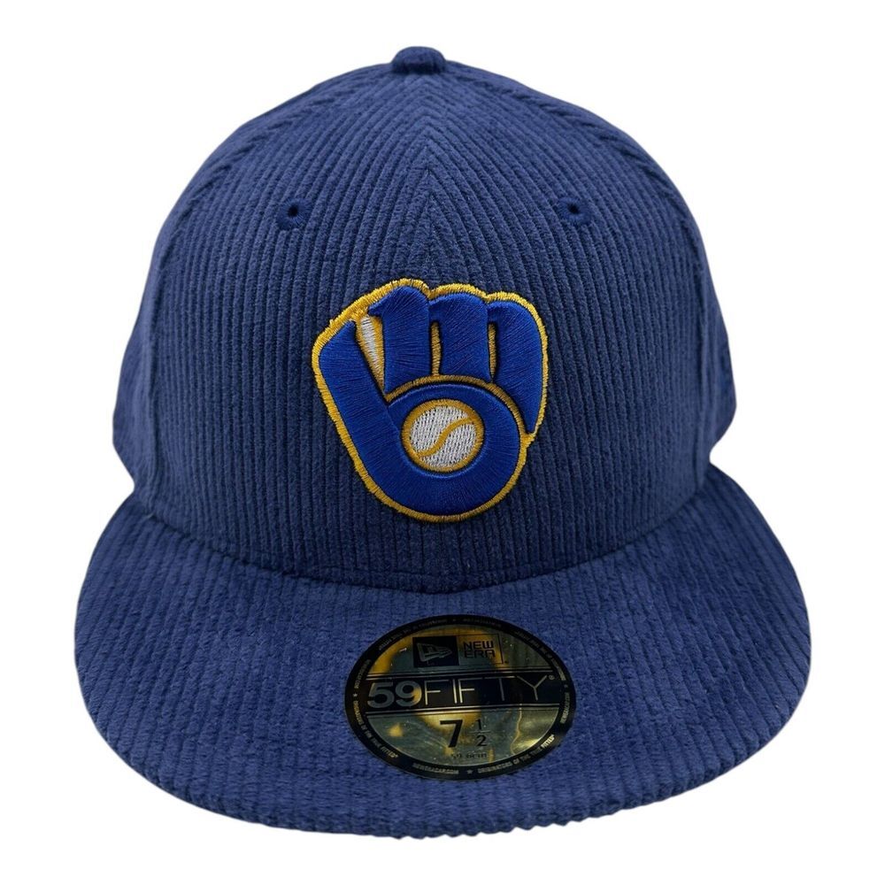 New Era 59Fifty Milwaukee Brewers Hat Cap 7 1/2 Royal Blue Corduroy MLB Baseball
